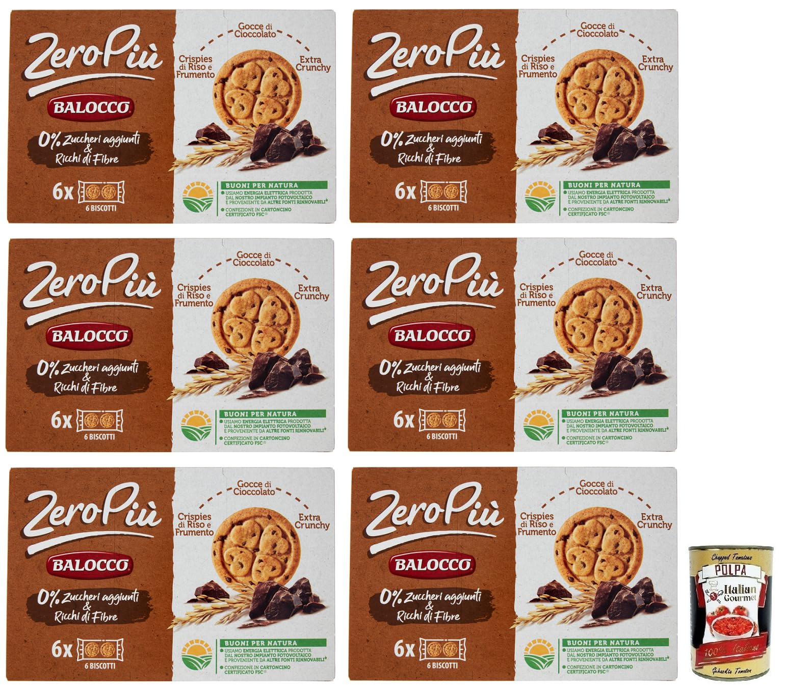 Balocco Zero Più Biscotti Lot De 6 Biscuits Sans Sucre Ajouté, Biscuits Avec Crêpes De Riz Et De Blé, Gouttes De Chocolat Et Extra Crunchy 210 G + Boîte Italienne Gourmet Polpa Di Pomodoro 400 G